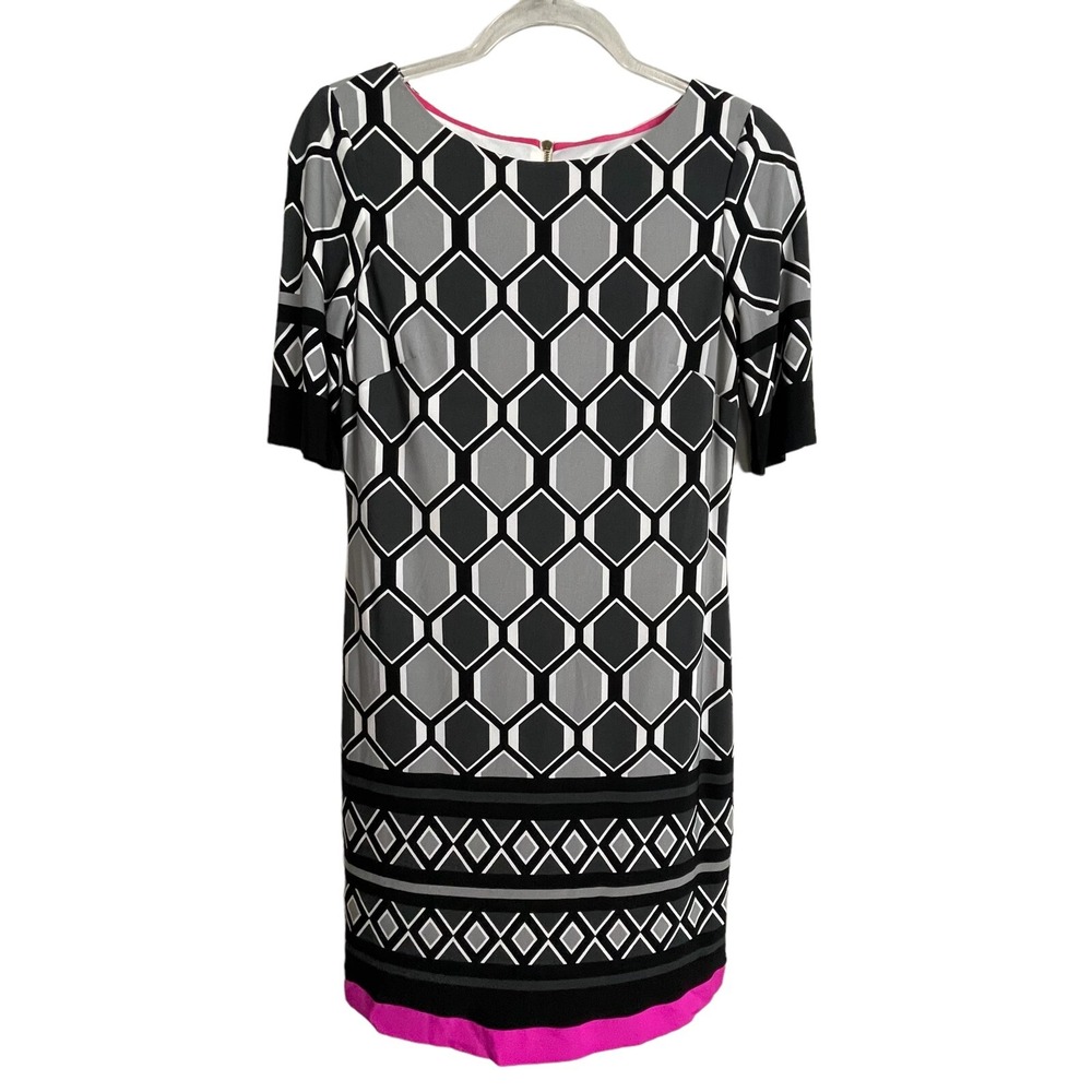 Eliza J Black Gray White Pink Short Sleeve Exposed Zipper Sheath Dress Sz 4